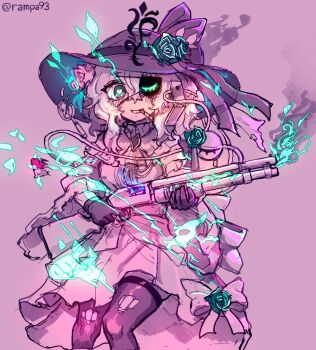 Rule 34 | 1girl, alternate costume, ascot, blush, bright pupils, brooch, cigarette, eyepatch, flower, gloves, green eyes, gun, hat, hat flower, highres, holding, holding gun, holding weapon, jewelry, komeiji koishi, komeiji koishi (heartless swamp lady), long sleeves, looking at viewer, mossberg 590, pump action, purple theme, rampa93, shell casing, shotgun, simple background, smoke, smoking, smoking barrel, solo, spot color, thighhighs, third eye, torn clothes, torn thighhighs, touhou, touhou lostword, twitter username, weapon, white pupils, wide sleeves