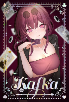 Rule 34 | 1girl, arm under breasts, black coat, blush, breasts, card, character name, cleavage, closed mouth, coat, commentary request, dress, eyewear on head, fingernails, hair intakes, highres, holding, holding card, honkai: star rail, honkai (series), kafka (honkai: star rail), large breasts, long hair, looking at viewer, oguraponti, purple dress, purple hair, smile, solo, strapless, strapless dress, very long hair