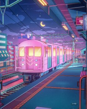 bench blue_sky city cloud cloudy_sky commentary crescent_moon dm_arts english_commentary highres lamp moon night night_sky no_humans original outdoors overhead_line railing sky star_(sky) subway subway_station tactile_paving traffic_light