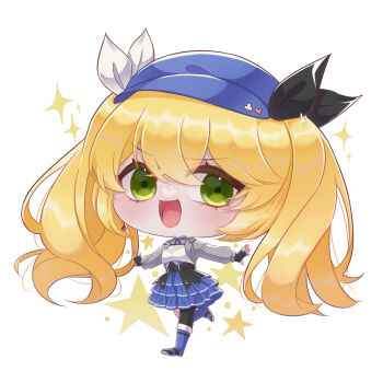 Rule 34 | 1girl, black gloves, blonde hair, blue boots, blue hat, blue skirt, boots, chibi, chibi only, commentary, crossed bangs, dokibird, dokibird (retro doki), fingerless gloves, full body, gloves, green eyes, grey jacket, hat, highres, indie virtual youtuber, jacket, kuraedo, long hair, long sleeves, looking at viewer, open clothes, open jacket, open mouth, simple background, skirt, smile, solo, sparkle, symbol-only commentary, twintails, very long hair, virtual youtuber, white background