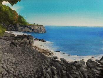 beach blue_sky commentary forest harusa1107 highres horizon nature no_humans ocean original outdoors painting_(medium) rock scenery shore sky symbol-only_commentary traditional_media tree water