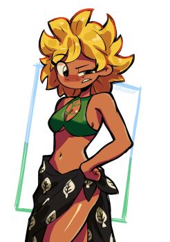 1girl annoyed artist_name bare_shoulders black_eyes black_sarong blonde_hair blue_border blush border borrowed_character breasts cleavage_cutout clothing_cutout commentary cowboy_shot curled_fingers dark-skinned_female dark_skin english_commentary freckles frown green_border green_shirt half-closed_eye halterneck hand_on_own_hip highres leaf_cutout leaf_print looking_at_viewer midriff narrow_waist navel nose_blush original outside_border parted_lips plants_vs._zombies plants_vs._zombies_heroes print_sarong raised_eyebrow sarong shiny_skin shirt short_hair sideboob signature simple_background sleeveless sleeveless_shirt solar_flare_(plants_vs._zombies) solar_flare_(plants_vs._zombies)_(peargor) solo spiked_hair standing tomboy triple_stabber underboob white_background