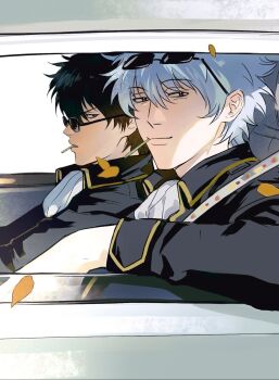 Rule 34 | 2boys, arm rest, ascot, black hair, black jacket, car, cigarette, collared jacket, commentary, eyewear on head, falling leaves, gintama, hair between eyes, highres, hijikata toushirou, jacket, leaf, looking at viewer, looking to the side, male focus, motor vehicle, multiple boys, parted hair, sakata gintoki, shinsengumi (gintama), short hair, sideways glance, sitting, sleeve cuffs, sunglasses, symbol-only commentary, white ascot, white hair, wing collar, yellow trim, zhiyunrx