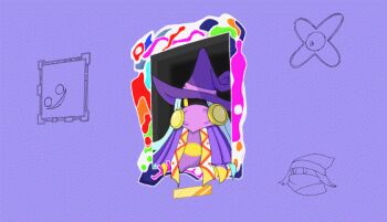 1000-nen_ikiteru_(vocaloid) 1girl animated animated_gif blue_hair cackling_painting drawcia hat kirby_(series) kirby:_canvas_curse nijyu7 nintendo one-eyed para_matter para_sorceress purple_background through_medium through_painting witch_hat yellow_eyes