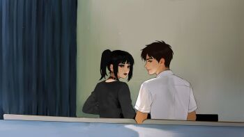 Rule 34 | 1boy, 1girl, artist name, black hair, black lips, black shirt, blunt bangs, brown hair, collared shirt, cross, cross earrings, earrings, eren yeager, goth fashion, green eyes, grey eyes, hashtag-only commentary, highres, jewelry, light smile, long hair, mikasa ackerman, multiple earrings, official alternate hairstyle, shingeki no kyojin, shingeki no school castes, shirt, short hair, short sleeves, sidelocks, sitting, studded choker, sumiensp, twintails, upper body, white shirt