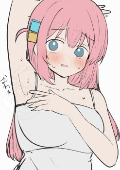 1girl absurdres ahoge arm_behind_head armpits bare_shoulders blue_eyes blush bocchi_the_rock! breasts commentary_request cube_hair_ornament dress dress_straps gotoh_hitori hair_ornament hand_up highres large_breasts long_hair looking_at_viewer open_mouth pink_hair simple_background sleeveless sleeveless_dress solo sunya_(honorin-yuunibo) sweat sweatdrop upper_body white_background white_dress