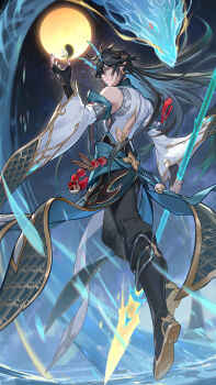 1boy absurdres artist_name black_footwear black_hair black_pants chinese_commentary commentary_request dan_heng_(honkai:_star_rail) dan_heng_(imbibitor_lunae)_(honkai:_star_rail) dated detached_sleeves dragon dragon_boy dragon_horns earrings fingerless_gloves full_moon gloves highres holding holding_polearm holding_weapon honkai:_star_rail honkai_(series) horns jewelry looking_at_viewer looking_back male_focus moon pants pointy_ears polearm tassel tassel_earrings weapon wtk