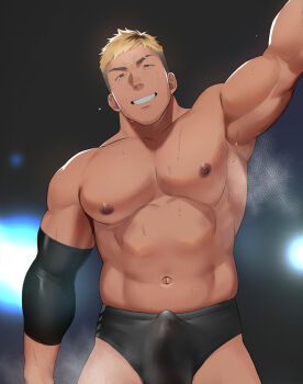 1boy abs armpits bara biceps black_hair blonde_hair blurry blurry_background bulge elbow_gloves erection erection_under_clothes gloves grey_hair large_pectorals looking_at_viewer male_focus male_underwear mature_male multicolored_hair muscular muscular_arms muscular_male nipples original otototo pectorals smile solo stage steam steaming_body sweat sweatdrop tan teeth thick_eyebrows tight_clothes topless_male undercut underwear