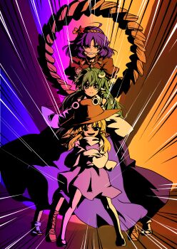 Rule 34 | 3girls, absurdres, blonde hair, brown hat, crossed arms, frog hair ornament, gradient background, group picture, gunbuster pose, hair ornament, hair tubes, hat, highres, kochiya sanae, leaf, leaf hair ornament, long hair, maple leaf, moriya suwako, motion lines, multiple girls, open mouth, ototachibana rai, purple hair, purple skirt, rope, shimenawa, short hair, single hair tube, skirt, smile, snake hair ornament, speed lines, touhou, yasaka kanako