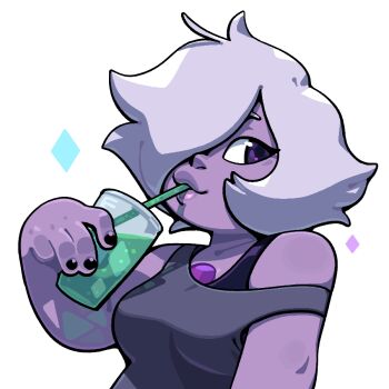 1girl amethyst_(steven_universe) black_nails breasts chest_jewel collarbone colored_skin cup diamond_(shape) discount-supervillain drinking drinking_straw gem gem_(steven_universe) hair_over_one_eye lipgloss lips official_alternate_hair_length official_alternate_hairstyle plump purple_eyes purple_gem purple_hair purple_skin short_hair smile solo sparkle steven_universe tank_top thick_lips tsurime