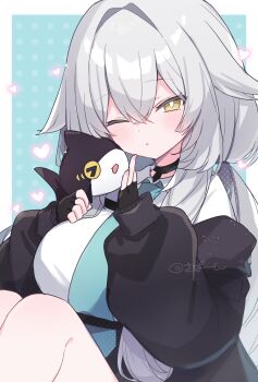 1girl akikan_sabako black_gloves black_jacket blue_background blue_necktie border breasts bright_pupils closed_mouth collared_shirt double-parted_bangs fingerless_gloves gloves grey_hair hair_between_eyes hair_intakes heart highres jacket knees_up large_breasts long_hair looking_at_viewer low_twintails necktie off_shoulder one-hour_drawing_challenge one_eye_closed open_clothes open_jacket polka_dot polka_dot_background rurune_(vrchat) shirt sitting solo twintails twitter_username vrchat white_border white_pupils white_shirt yellow_eyes