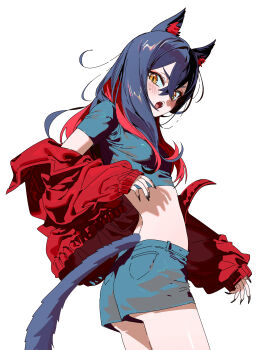 1girl 5oh5s2 absurdres animal_ears black_hair black_shirt blush breasts carmine_(pokemon) cat_ears cat_girl cat_tail colored_inner_hair cropped_shirt crossed_bangs hair_between_eyes highres jacket kemonomimi_mode long_hair long_sleeves looking_at_viewer midriff mole mole_under_eye multicolored_hair nintendo open_clothes open_jacket open_mouth pokemon pokemon_sv red_hair red_jacket shirt short_sleeves shorts sweatdrop tail teeth two-tone_hair yellow_eyes