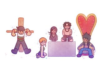 2016 2girls 3boys arm_tattoo bandana black_bandana black_pants black_shorts chest_tattoo chibi closed_eyes commentary denim english_commentary green_sash haramaki jeans jewelry multiple_boys multiple_girls nami_(one_piece) nami_(one_piece)_(arlong_park) necklace nico_robin nico_robin_(water_7) official_alternate_costume one_piece orange_hair pants pearl_necklace pikaole portgas_d._ace roronoa_zoro sash seiza short_hair shorts simple_background sitting tattoo tears topless_male trafalgar_law white_background