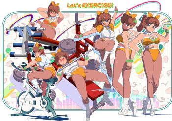 1girl alternate_hairstyle ass blue_eyes bow breasts brown_hair edoya_inuhachi exercising flexing green_headband hair_bow hand_on_own_hip headband heart highres large_breasts legs leotard long_hair looking_at_viewer mario_(series) multiple_views nintendo orange_bow orange_leotard princess_daisy push-ups shoes side_ponytail smile weightlifting white_shoes