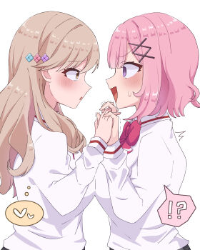 Rule 34 | !?, 1nnsai, 2girls, absurdres, amaori renako, ashigaya high school uniform, blush, bow, bowtie, brown eyes, brown hair, collared shirt, commentary request, eye contact, heart, highres, holding hands, interlocked fingers, long hair, looking at another, medium hair, multiple girls, open mouth, pink bow, pink bowtie, pink hair, profile, purple eyes, school uniform, sena ajisai, shirt, simple background, spoken heart, spoken interrobang, trembling, watashi ga koibito ni nareru wake naijan murimuri!, white background, white shirt, yuri