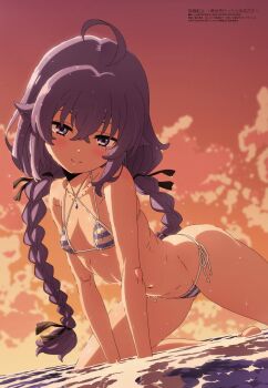 1girl 2021 ahoge alternate_costume bikini blue_eyes blush braid breasts eyepatch_bikini highres kneeling long_hair megami_magazine mushoku_tensei navel ocean orange_sky promotional_art purple_eyes roxy_migurdia sky small_breasts smile sunset swimsuit water wet wet_clothes