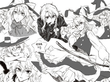 1girl apron bow braid broom character_name chinese_commentary chinese_text commentary_request crossed_arms forbidden_scrollery gloves greyscale hair_bow hat hat_bow hitte5416 holding holding_broom jacket kirisame_marisa long_hair long_sleeves monochrome multiple_views neck_ribbon official_alternate_costume ribbon side_braid single_braid skirt touhou translation_request vest waist_apron witch_hat