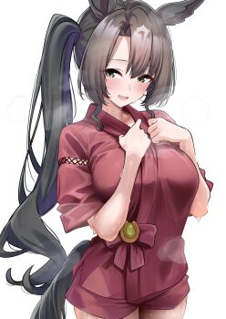 1girl animal_ears black_hair blush breasts green_eyes herohero_(higashi_no_dou) highres horse_ears horse_girl horse_tail japanese_clothes kimono looking_at_viewer medium_breasts open_mouth red_kimono satono_crown_(umamusume) side_ponytail simple_background solo tail umamusume white_background
