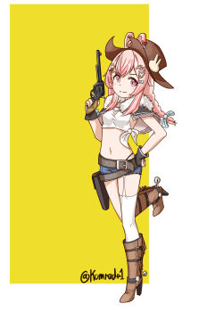 animal_ears belt boots breasts brown_belt brown_boots colt_revolver_(girls&#039;_frontline) colt_single_action_army cosplay cow_girl cowboy_hat denim denim_shorts girls&#039;_frontline gun handgun hat high_heel_boots high_heels highres holster kamrade long_hair midriff navel panty_straps phase_connect pink_eyes pink_hair pipkin_pippa rabbit_ears rabbit_girl revolver short_shorts shorts small_breasts spurs standing standing_on_one_leg twitter_username virtual_youtuber weapon