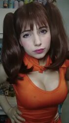 1girl animated annoyed breasts brown_hair cleavage_cutout clothing_cutout cosplay crossed_arms diane_(nanatsu_no_taizai) diane_(nanatsu_no_taizai)_(cosplay) fingerless_gloves gloves hand_on_own_hip large_breasts long_hair nanatsu_no_taizai photo_(medium) real_life single_glove sleeveless tagme twintails video yuno_the_loose