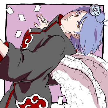 1girl black_robe blue_eyeshadow blue_hair border breasts cowboy_shot eyeshadow highres jewelry konan_(naruto) makeup naruto_(series) naruto_shippuuden paper purple_background ring robe short_hair simple_background solo uri_geikon white_border white_wings wings yellow_eyes