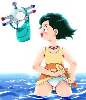 1girl bag black_hair blush brown_eyes clothes_lift crotch_seam cyclops dress dress_lift flat_chest floating g-sun gen_1_pokemon janina_(pokemon) jewelry loli looking_at_another magnemite magnet necklace nintendo one-eyed open_mouth pokemon pokemon_(anime) pokemon_(classic_anime) pokemon_(creature) screw short_hair sleeveless sleeveless_dress smile socks sparkle standing tied_dress wading water white_socks yellow_dress