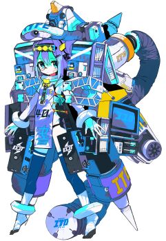 1girl absurdres aqua_eyes blue_hair blush colored_skin commission green_skin hair_ornament hairclip highres looking_at_viewer machine mecha_musume monocle muzinneki original pale_skin pixiv_commission sidelocks simple_background solo virtual_youtuber white_background