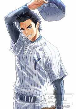 Rule 34 | 1boy, absurdres, ace of diamond, arm up, baseball cap, baseball glove, baseball uniform, belt, black belt, black hair, commentary request, grin, hat, highres, holding, holding unworn clothes, holding unworn hat, kusatakesi, male focus, pants, sanada shunpei, shirt, shirt tucked in, short hair, sideburns, simple background, smile, solo, sportswear, striped clothes, striped pants, striped shirt, sweat, teeth, unworn hat, unworn headwear, vertical-striped clothes, vertical-striped pants, vertical-striped shirt, watermark, white background, white pants, white shirt
