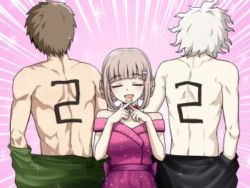 1girl 2boys bare_shoulders breasts brown_hair danganronpa_(series) danganronpa_10th_anniversary_costume danganronpa_2:_goodbye_despair dress hair_ornament happy hinata_hajime jacket kmnm_1403 komaeda_nagito large_breasts long_sleeves medium_hair multiple_boys nanami_chiaki official_alternate_costume open_clothes pink_dress short_hair smile undressing