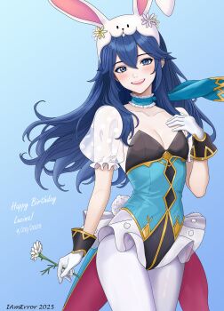 1girl absurdres animal_ear_hairband animal_ears blue_eyes blue_hair blush breasts cleavage fake_animal_ears fire_emblem fire_emblem_awakening fire_emblem_heroes flower gloves hair_between_eyes hairband highres holding holding_flower iamerror iamerror14 leotard long_hair lucina_(fire_emblem) lucina_(spring_exalt)_(fire_emblem) nintendo official_alternate_costume pantyhose rabbit_ear_hairband rabbit_ears rabbit_tail small_breasts smile solo tail white_pantyhose
