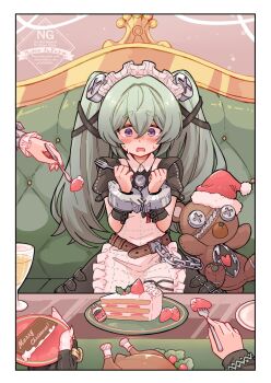 1boy 3girls apron bangboo_(zenless_zone_zero) belle_(zenless_zone_zero) cake cake_slice chain chicken_(food) commentary_request corin_wickes couch cuffs cup ellen_joe food fork fruit green_hair hair_between_eyes hat highres holding holding_fork long_hair long_sleeves maid maid_apron maid_headdress merry_christmas multiple_girls plate puffy_short_sleeves puffy_sleeves purple_eyes red_nails santa_hat screw_hair_ornament short_sleeves sitting strawberry stuffed_animal stuffed_toy sweat table teddy_bear twintails von_lycaon white_apron yumefukura zenless_zone_zero