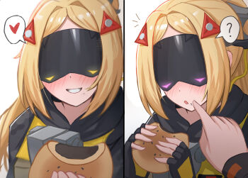 1girl ? blindfold_mask blonde_hair blush finger_to_cheek food food_on_face hair_ornament heart highres holding holding_food jacket long_hair mask military_uniform namikare pastry ponytail smile trigger_(zenless_zone_zero) white_background wise_(zenless_zone_zero) zenless_zone_zero