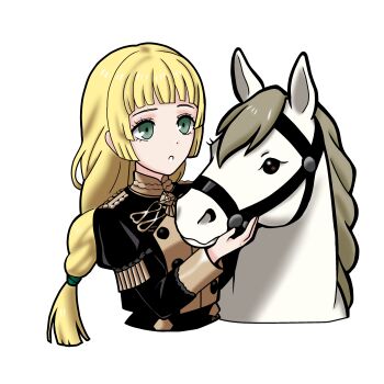 1girl absurdres blonde_hair blunt_bangs braid brown_eyes fire_emblem fire_emblem:_three_houses garreg_mach_monastery_uniform green_eyes hair_tie harness highres horse ingrid_brandl_galatea nekomoni nintendo sticker white_horse