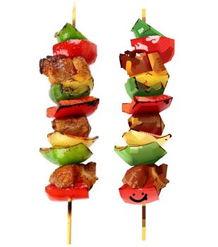 Rule 34 | bell pepper, commentary request, food, food focus, highres, no humans, onion, original, photo-referenced, photo inset, shish kebab, simple background, skewer, white background, yuzhang02smile