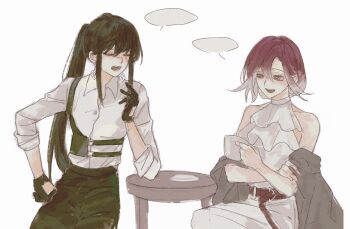 2girls belt black_gloves black_hair black_pants blank_speech_bubble closed_eyes collared_shirt commentary cup dress earrings gloves gradient_hair hashtag-only_commentary highres holding holding_cup honookitaru jewelry long_hair multicolored_hair multiple_girls open_mouth pants path_to_nowhere ponytail rahu_(path_to_nowhere) red_hair shalom_(path_to_nowhere) shirt simple_background sitting smile speech_bubble teacup white_background white_dress white_hair white_shirt