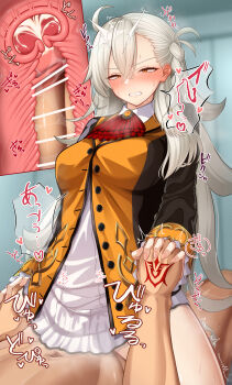 1boy 1girl absurdres amu_(takuya0331) bar_censor braid breasts censored clenched_teeth command_spell commentary_request cross-section cum ejaculation fate/grand_order fate_(series) fujimaru_ritsuka_(male) hetero highres holding_hands internal_cumshot large_breasts long_hair olga_marie_animusphere orange_eyes penis sex shirt speech_bubble teeth vaginal white_hair white_shirt