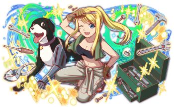2girls ;d arm_up artist_request automail bandeau bare_arms bare_shoulders blonde_hair blue_eyes box breasts brown_gloves collar copyright_name crash_fever den_(fma) dog floating_hair full_body fullmetal_alchemist gloves hammer hand_on_own_hip happy looking_at_viewer multiple_girls navel official_art on_one_knee one_eye_closed open_mouth ponytail sandals screw screwdriver simple_background smile sparkle teeth third-party_source tongue tongue_out tools towel towel_around_neck transparent_background white_background winry_rockbell wrench