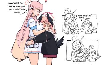 3girls ahoge azusa_(blue_archive) black_shirt black_wings blue_archive braid closed_eyes comforting english_text face_to_breasts halo hanako_(blue_archive) head_wings hug kinzaibatsu91 koharu_(blue_archive) long_hair long_sleeves multiple_girls open_mouth pink_hair pink_halo red_skirt shirt short_sleeves single_braid skirt speech_bubble standing tearing_up very_long_hair white_shirt white_skirt wings