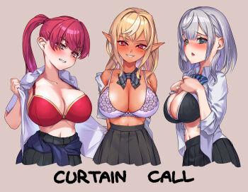 &gt;:) 3girls :o absurdres adjusting_clothes alternate_costume areola_slip arms_behind_back bare_shoulders black_bra black_skirt blunt_bangs blush bow bow_bra bowtie bra breast_suppress breasts chestnut_mouth cleavage clothes_around_waist collarbone collared_shirt cropped_torso crossed_bangs curtain_call_challenge_(meme) dark-skinned_female dark_elf dark_skin dress_shirt elf from_side gold_trim green_eyes grey_background grin hands_up head_tilt heterochromia high-waist_skirt highres holding holding_shirt holding_unworn_clothes hololive houshou_marine lace lace-trimmed_bra lace_trim large_breasts long_hair long_sleeves looking_at_viewer matching_outfits meme miniskirt multicolored_hair multiple_girls narrow_waist naughty_face navel open_clothes open_mouth open_shirt orange_eyes otk partially_unbuttoned pink_bra pleated_skirt pointy_ears ponytail red_bra red_eyes red_hair school_uniform shiranui_flare shirogane_noel shirogane_noel_(school_uniform) shirt short_sleeves sidelocks simple_background skirt sleeves_rolled_up smile straight-on strap_gap streaked_hair striped_bow striped_bowtie striped_clothes sweater sweater_around_waist swept_bangs take_your_pick tsurime unbuttoned unbuttoned_skirt underwear undressing untucked_shirt unworn_shirt v-shaped_eyebrows virtual_youtuber white_hair white_shirt yellow_eyes
