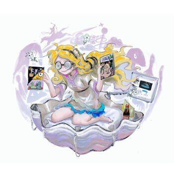 blonde_hair full_body glass_bottle highres holding kneeling long_hair magazine_(object) monitor piu_(pengtaipxv2014) touhou watari_nina wavy_hair white_background