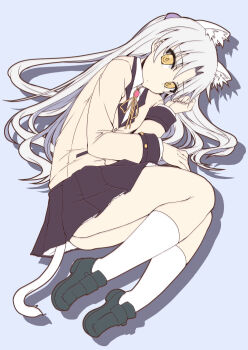 1girl angel_beats! animal_ear_fluff animal_ears black_shoes black_skirt cat_ears cat_girl cat_tail clip_studio_paint_(medium) closed_mouth collared_shirt commentary_request dress_shirt drop_shadow expressionless extra_ears eyes_visible_through_hair flat_color full_body grey_hair hair_between_eyes hair_spread_out jacket kemonomimi_mode kneehighs legs_together loafers long_hair long_sleeves lying miniskirt neck_ribbon no_panties on_side petticoat pleated_skirt ponytail ribbon school_uniform shinshin shirt shoes short_ponytail simple_background skirt socks solo tachibana_kanade tail thighs very_long_hair white_background white_shirt white_socks yellow_eyes yellow_jacket yellow_ribbon
