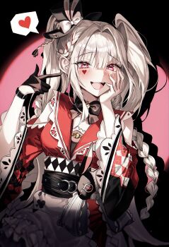 1girl :d absurdres argyle_clothes argyle_dress blush bow braid butterfly-shaped_pupils choker clothing_cutout commentary diamond_(shape) diamond_facial_mark dress english_commentary facial_mark gloves hat hat_ornament heart heart_facial_mark highres honkai:_star_rail honkai_(series) jjuha6 open_mouth pink_eyes rabbit_hat_ornament red_streaks sash shoulder_cutout side_braid single_glove smile sparkle_(honkai:_star_rail) sparxie_(honkai:_star_rail) spoken_heart symbol-shaped_pupils teeth twintails upper_teeth_only white_hair