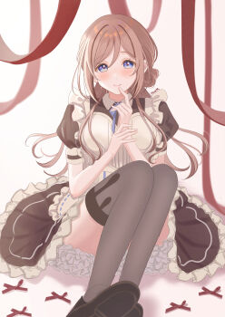 Rule 34 | 1girl, absurdres, apron, black dress, black shoes, bloomers, blue eyes, blue ribbon, blush, brown hair, closed mouth, commentary, contrast collar, dress, frilled apron, frilled dress, frills, gakuen idolmaster, grey thighhighs, hair rings, hand to own mouth, hanilz, heart apron, highres, himesaki rinami, idolmaster, knees up, long hair, looking at viewer, maid, maid apron, puffy short sleeves, puffy sleeves, ribbon, shoes, short dress, short sleeves, signature, sitting, smile, solo, thighhighs, underwear, untranslatable commentary, upskirt, valentine, white apron, white background, white bloomers