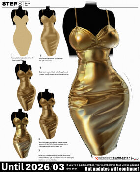 1girl 2026 breasts cleavage collarbone commentary covered_erect_nipples dress english_commentary english_text evan_lee gold_dress highres how_to large_breasts long_dress neck original paid_reward_available psd_available shiny_clothes side_slit sideboob simple_background thighs white_background