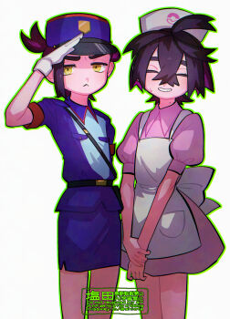 Rule 34 | 2boys, :<, ahoge, apron, black hair, blue hat, breast pocket, closed eyes, commentary request, cosplay, crossdressing, crossdressing (mtf), crossed bangs, dress, dual persona, enden (kibuuuuun), furrowed brow, gloves, green outline, hat, highres, jenny (pokemon), jenny (pokemon) (cosplay), joy (pokemon), joy (pokemon) (cosplay), kieran (pokemon), looking at viewer, male focus, mole, mole on neck, multicolored hair, multiple boys, nintendo, nurse cap, open mouth, outline, pencil skirt, pink dress, pocket, poke ball symbol, pokemon, pokemon (anime), pokemon (classic anime), pokemon sv, police, police hat, police uniform, purple hair, salute, short hair, side slit, skirt, sweat, two-tone hair, white apron, white background, yellow eyes