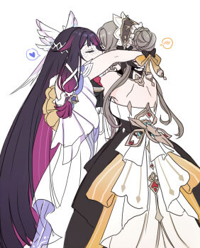 2girls backless_dress backless_outfit bare_shoulders black_hair braid braided_bun brown_hair closed_eyes columbina_(genshin_impact) commentary dress genshin_impact hair_bun heart kiss long_hair maid_headdress marureenu multiple_girls purple_hair sandrone_(genshin_impact) simple_background spoken_blush spoken_heart white_background white_dress yuri