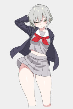 1girl blue_cardigan brown_eyes cardigan closed_mouth commentary_request crop_top cropped_legs cropped_shirt double-parted_bangs expressionless grey_background grey_hair grey_serafuku grey_shirt grey_skirt hand_up highres hinomori_shiho long_sleeves microskirt midriff moeruru8812 navel neckerchief open_cardigan open_clothes pleated_skirt project_sekai red_neckerchief sailor_collar school_uniform serafuku shirt short_hair simple_background skirt solo standing straight-on white_sailor_collar