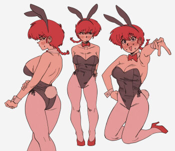 absurdres animal_ears ass black_leotard blush bow bowtie braid braided_ponytail breasts cleavage fake_animal_ears gutalalaman high_heels highres kneeling large_breasts leotard multiple_views nervous_smile playboy_bunny rabbit_ears rabbit_tail ranma-chan ranma_1/2 red_bow red_bowtie red_hair red_shirt shirt simple_background single_braid smile strapless strapless_leotard tail v white_background wrist_cuffs