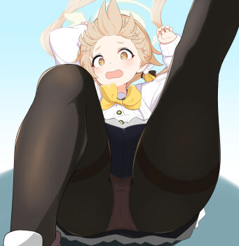 1girl black_pantyhose blonde_hair blue_archive blush bow bowtie halo hifumi_(blue_archive) loli long_sleeves looking_at_viewer open_mouth panties panties_under_pantyhose pantyhose pcaccount13 school_uniform solo thighs underwear yellow_bow yellow_eyes yellow_halo