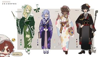 1boy 4girls alternate_costume animal animal_on_shoulder bag belt bird black_boots black_hair black_kimono black_sash black_skirt blonde_hair blunt_bangs book boots bow braid brown_belt brown_hair cassandra_vole chest_belt chinese_zodiac choker clenched_hand closed_mouth cloud commentary_request concept_art covered_mouth daniel_page day dot_nose dragon earrings english_text eyelashes eyeshadow fence ferret floral_print flower frilled_gloves frilled_skirt frills fringe_trim full_body fur_scarf gloves green_bow green_choker green_eyes green_jacket green_kimono grey_eyes grey_hair hair_bobbles hair_flower hair_intakes hair_ornament hair_over_one_eye hair_over_shoulder hairclip hakama hakama_skirt haori harry_potter:_magic_awakened harry_potter_(series) hat hatsumoude highres humi_humi ivy_warrington jacket japanese_clothes jewelry kimono light_blush light_particles long_hair long_skirt long_sleeves looking_at_viewer lottie_turner makeup mini_hat mini_top_hat mole mole_under_eye multiple_girls new_year obi one_eye_closed one_side_up open_mouth orange_bow outdoors outstretched_arm outstretched_hand owl own_hands_together path purple_eyes purple_flower purple_hakama purple_kimono red_flower red_kimono road robyn_thistlethwaite rope sash scarf shide short_hair short_kimono shoulder_bag skirt sky sleeves_past_wrists smile straw_hat striped_clothes striped_scarf studded_belt swept_bangs top_hat twin_braids waist_bow wavy_hair white_choker white_gloves white_hat white_jacket white_scarf white_skirt wide_sleeves winter wizarding_world x_hair_ornament year_of_the_dragon yellow_hat yellow_scarf